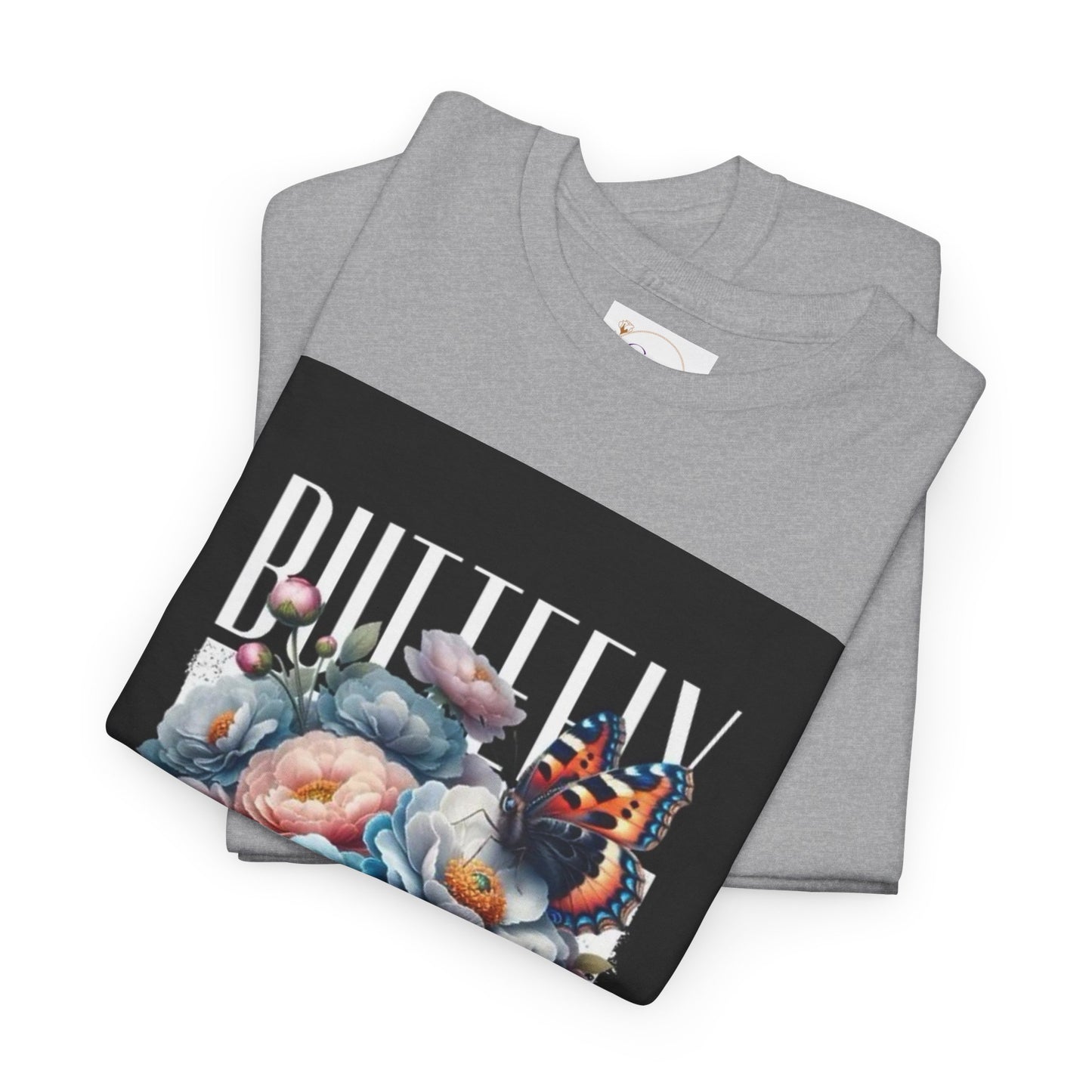 Butterfly Blooms Heavy Cotton Tee - Floral Graphic Shirt, Unisex Gift for Nature Lovers, Birthday, Everyday Wear, Casual Style