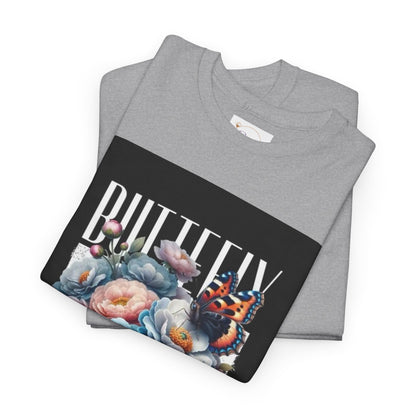 Butterfly Blooms Heavy Cotton Tee - Floral Graphic Shirt, Unisex Gift for Nature Lovers, Birthday, Everyday Wear, Casual Style