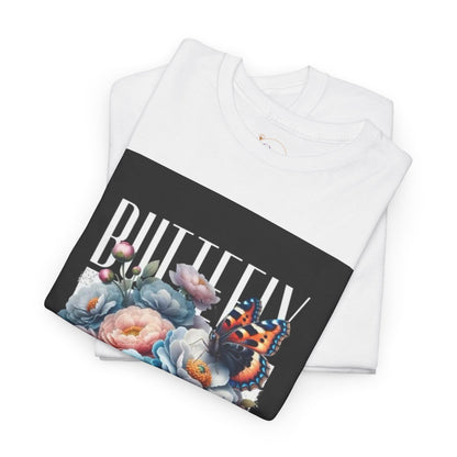 Butterfly Blooms Heavy Cotton Tee - Floral Graphic Shirt, Unisex Gift for Nature Lovers, Birthday, Everyday Wear, Casual Style