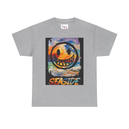 Seaside Smiley Face Tee, Unisex Heavy Cotton Tee, Vibrant Graphic Shirt, Casual Beachwear, Summer Vibes, Fun Gift Idea