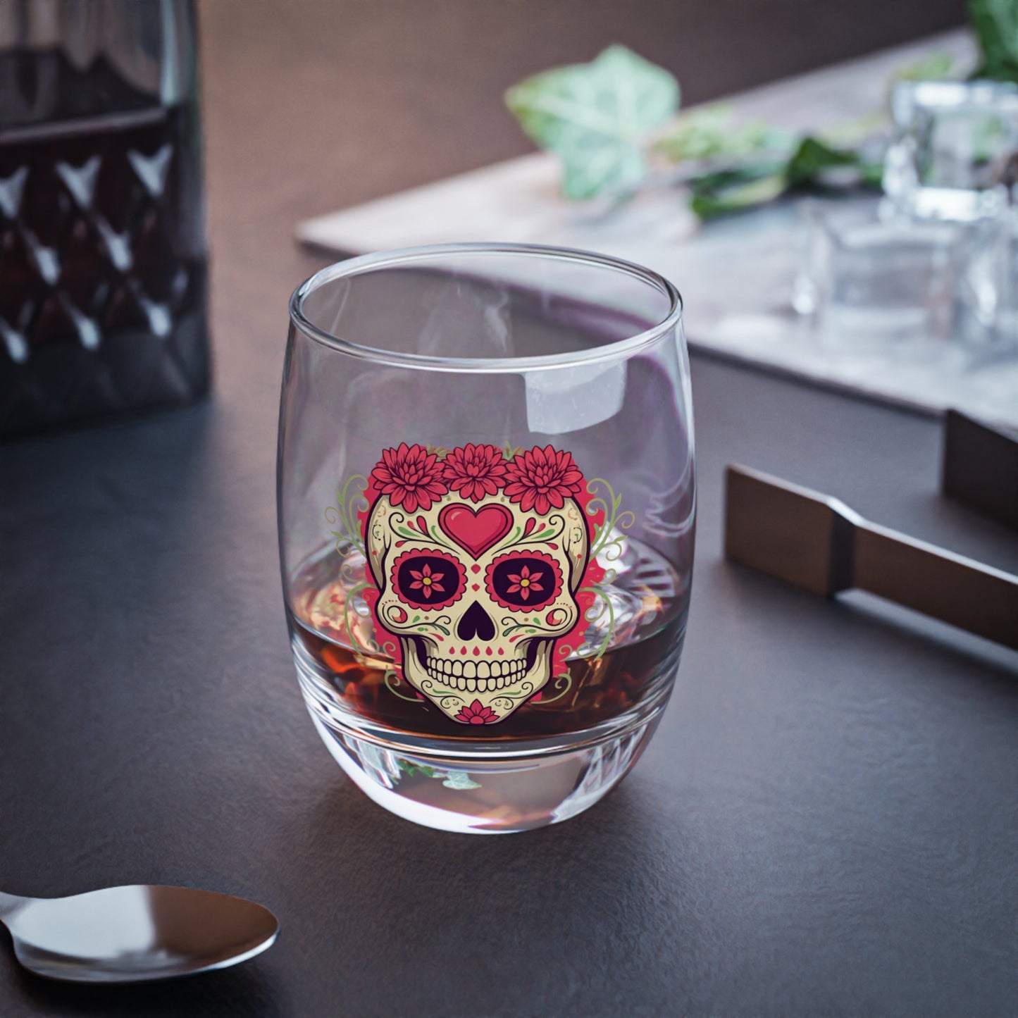 Sugar Skull Whiskey Glass, Handcrafted Drinking Glass, Dia de los Muertos Decor, Barware Gift, Unique Cocktail Glass