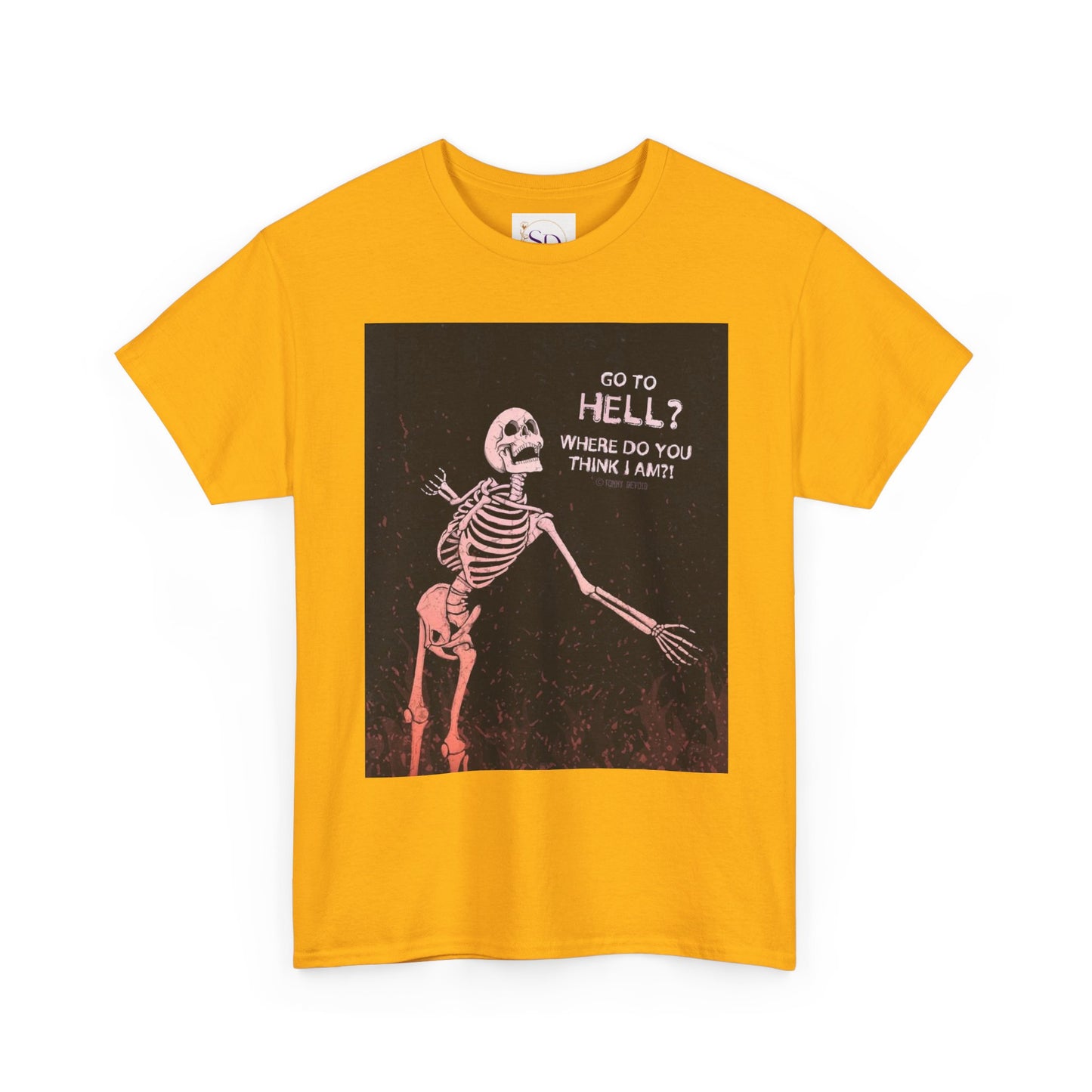 Skeleton Graphic Tee: "Go To Hell?" Unisex Heavy Cotton T-Shirt