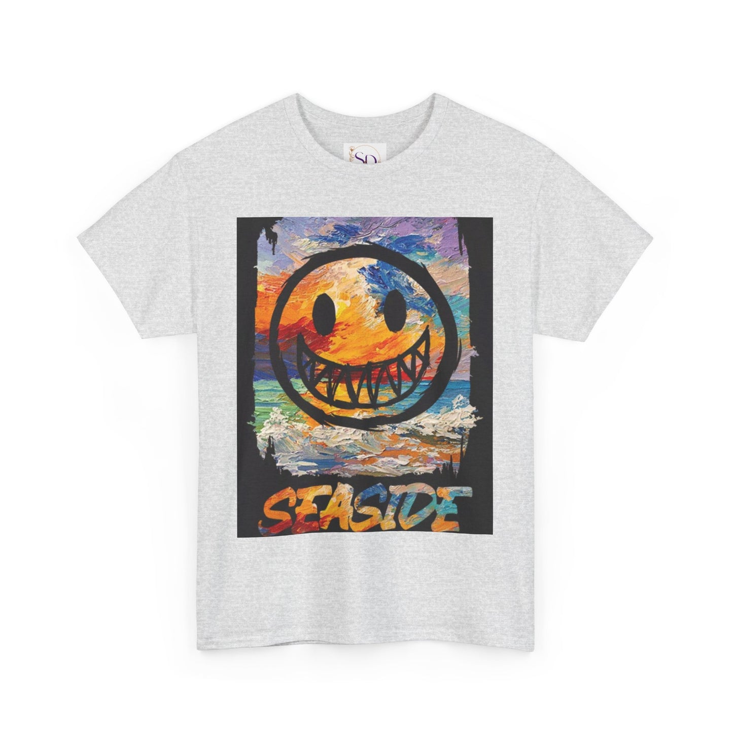 Seaside Smiley Face Tee, Unisex Heavy Cotton Tee, Vibrant Graphic Shirt, Casual Beachwear, Summer Vibes, Fun Gift Idea