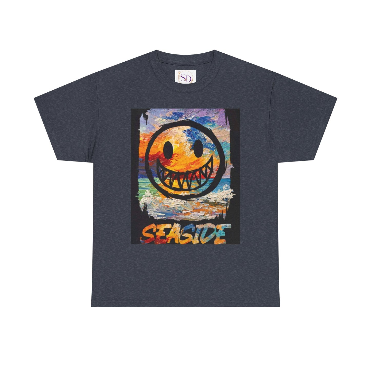 Seaside Smiley Face Tee, Unisex Heavy Cotton Tee, Vibrant Graphic Shirt, Casual Beachwear, Summer Vibes, Fun Gift Idea
