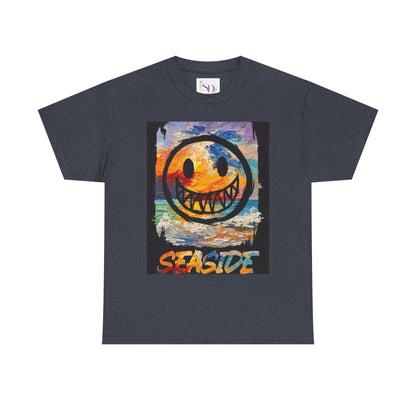 Seaside Smiley Face Tee, Unisex Heavy Cotton Tee, Vibrant Graphic Shirt, Casual Beachwear, Summer Vibes, Fun Gift Idea