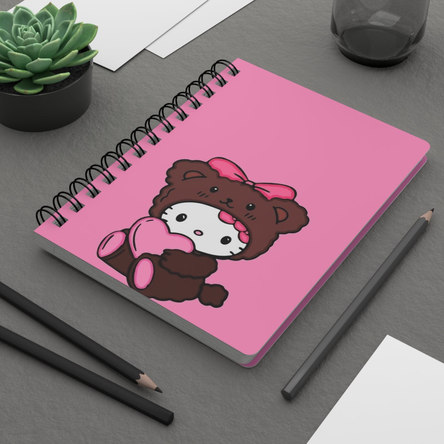 Cute Spiral Bound Journal, Kawaii Notebook, Gift for Kids, Daily Planner, School Supplies, Pink Bear Design