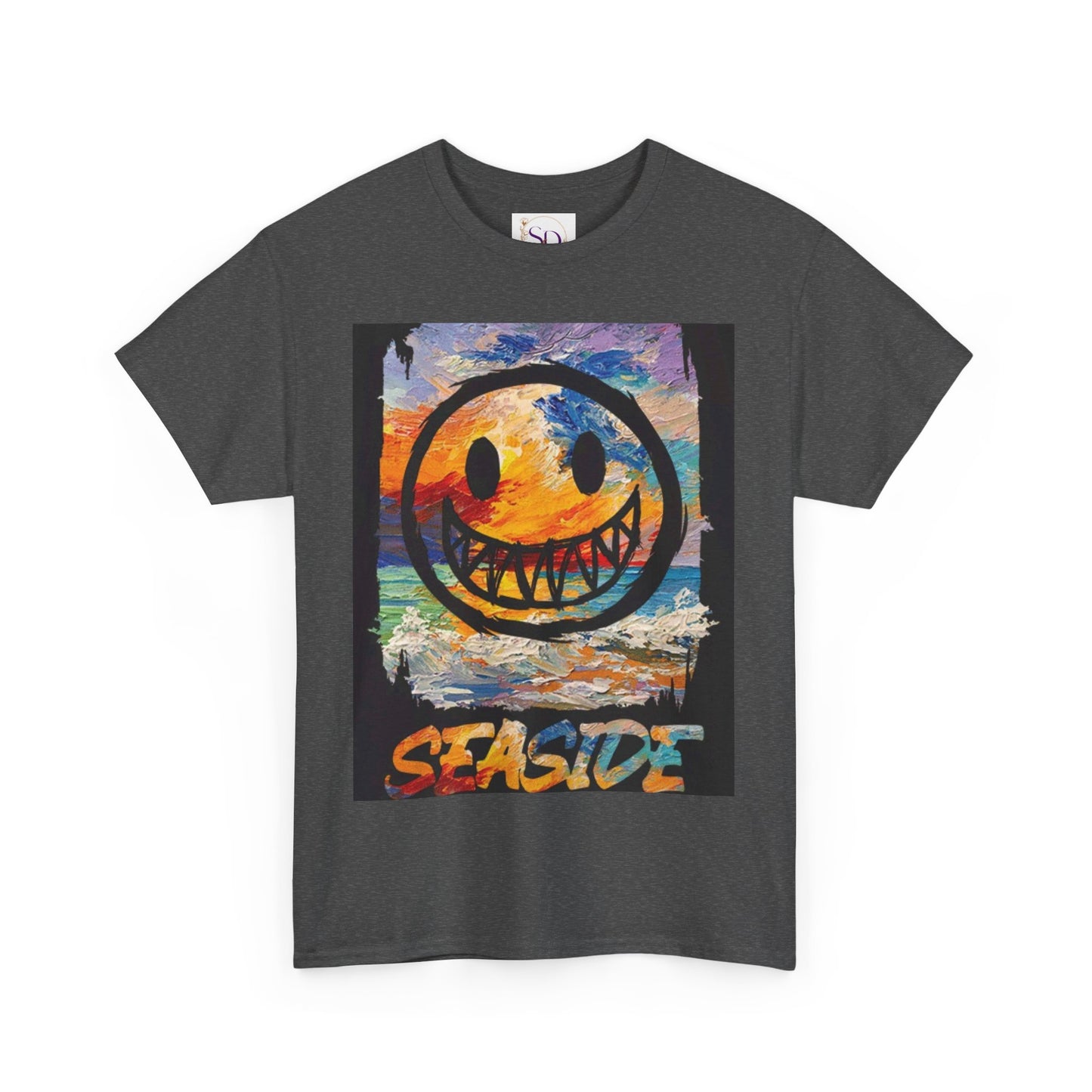 Seaside Smiley Face Tee, Unisex Heavy Cotton Tee, Vibrant Graphic Shirt, Casual Beachwear, Summer Vibes, Fun Gift Idea
