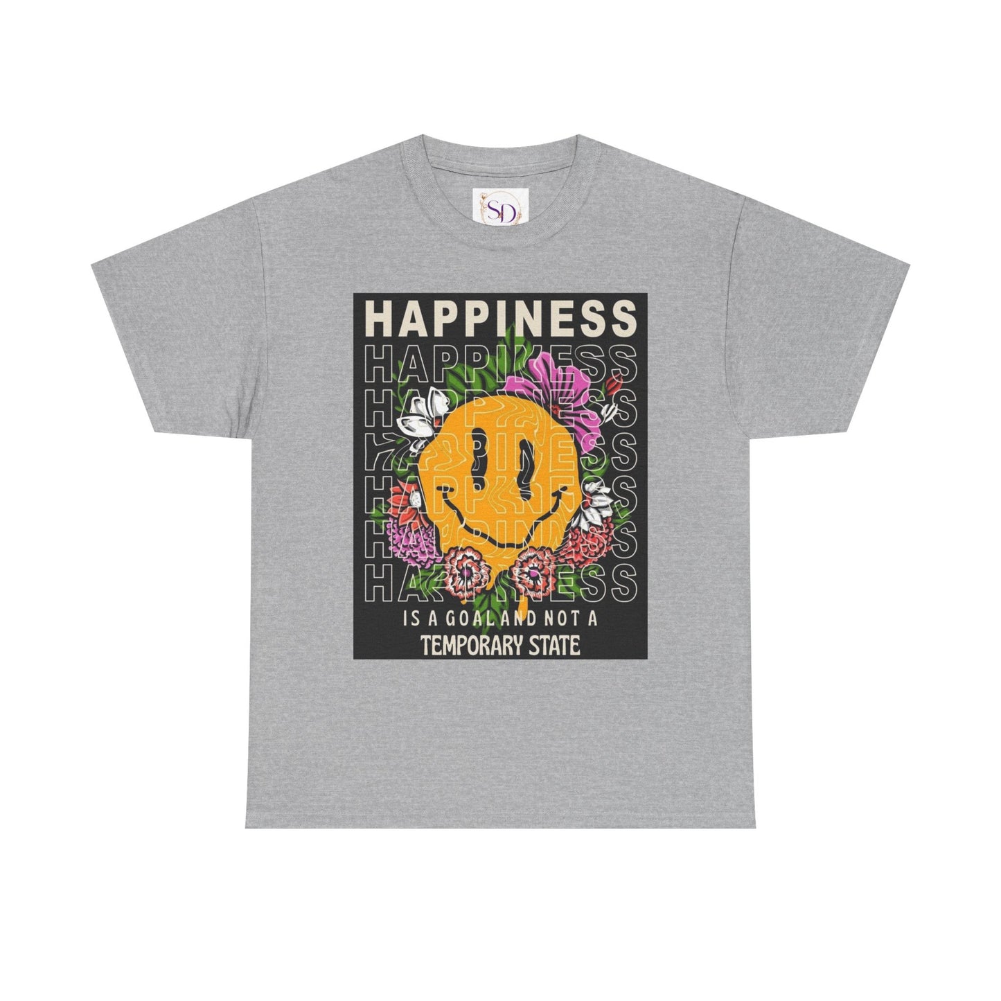 Happiness Floral Unisex Heavy Cotton Tee, Positive Vibes Shirt, Casual Wear, Gift Idea for Friends, Summer Essentials