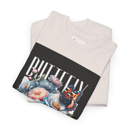 Butterfly Blooms Heavy Cotton Tee - Floral Graphic Shirt, Unisex Gift for Nature Lovers, Birthday, Everyday Wear, Casual Style