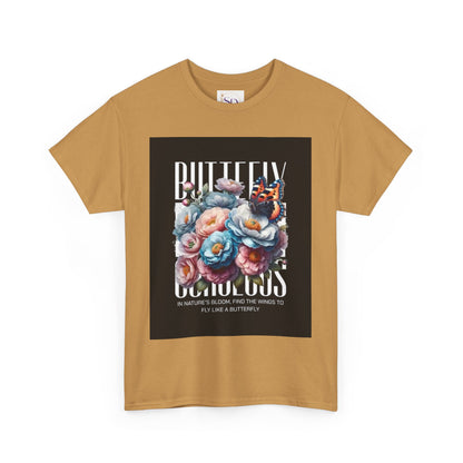 Butterfly Blooms Heavy Cotton Tee - Floral Graphic Shirt, Unisex Gift for Nature Lovers, Birthday, Everyday Wear, Casual Style