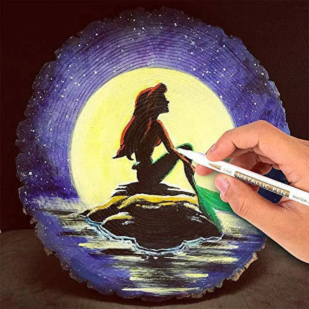 18 Pack Metallic Marker Pens,  16 Colors Fine Tip Paint Pens with 2 Stencils for DIY Craft Photo Album Rock Art Painting Card Making Glass Wood