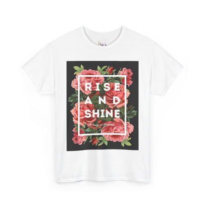 Rise and Shine Floral Unisex Heavy Cotton Tee, Motivational T-Shirt, Gift for Her, Inspirational Apparel, Summer Style, Casual Wear