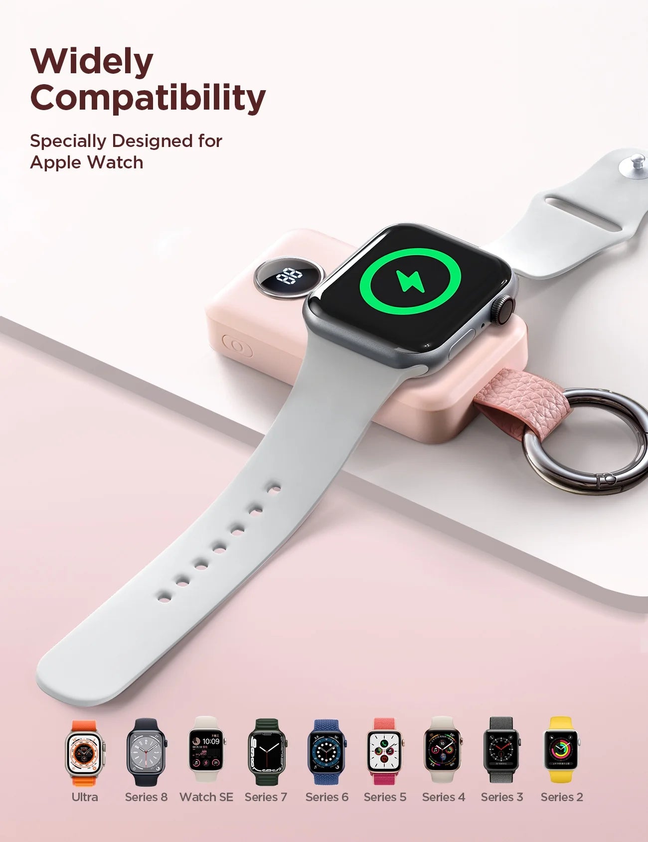 Portable Charger for Apple Watch, 2000Mah Magnetic Wireless Power Bank Fast Charger Keychain, Compatible for Iwatch Series 10/9/8/7/6/5/Se/4/3/2/Ultra 2, Pink