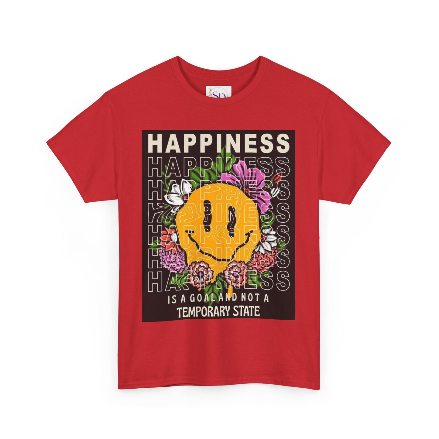 Happiness Floral Unisex Heavy Cotton Tee, Positive Vibes Shirt, Casual Wear, Gift Idea for Friends, Summer Essentials