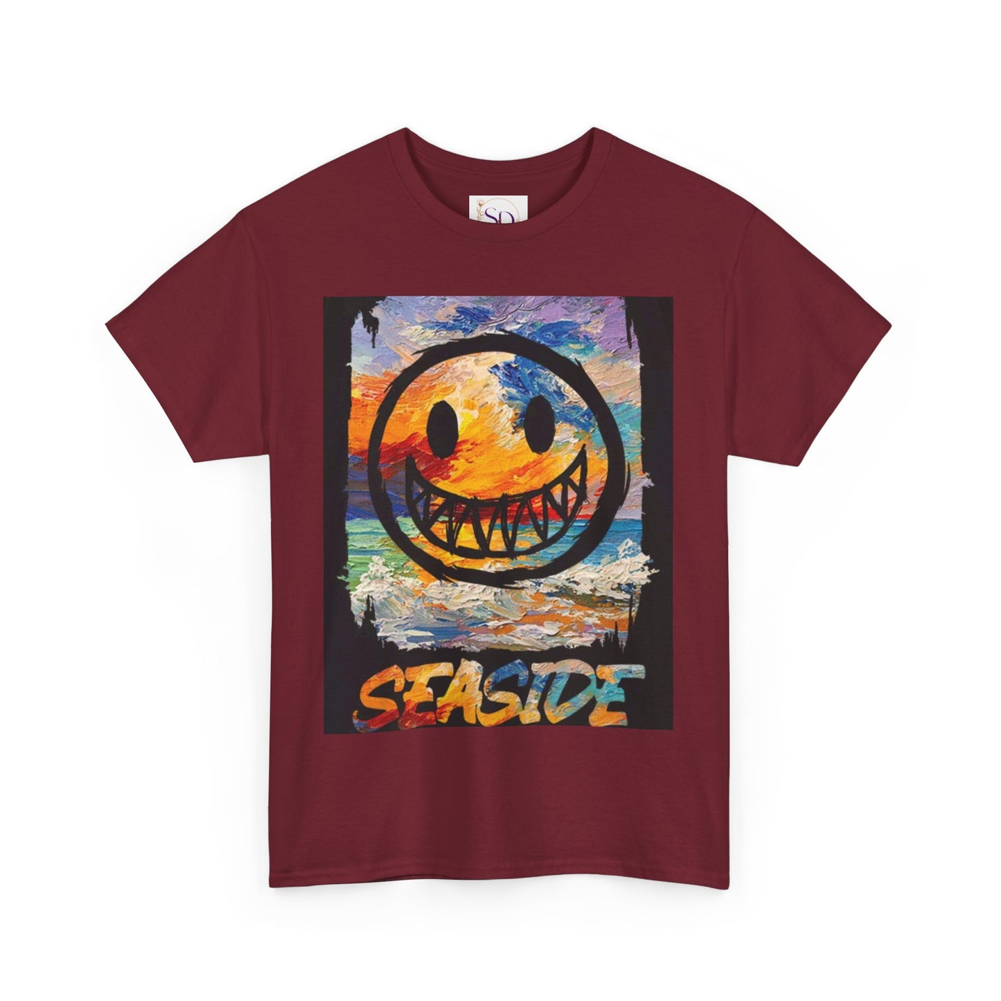 Seaside Smiley Face Tee, Unisex Heavy Cotton Tee, Vibrant Graphic Shirt, Casual Beachwear, Summer Vibes, Fun Gift Idea