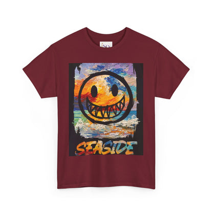 Seaside Smiley Face Tee, Unisex Heavy Cotton Tee, Vibrant Graphic Shirt, Casual Beachwear, Summer Vibes, Fun Gift Idea