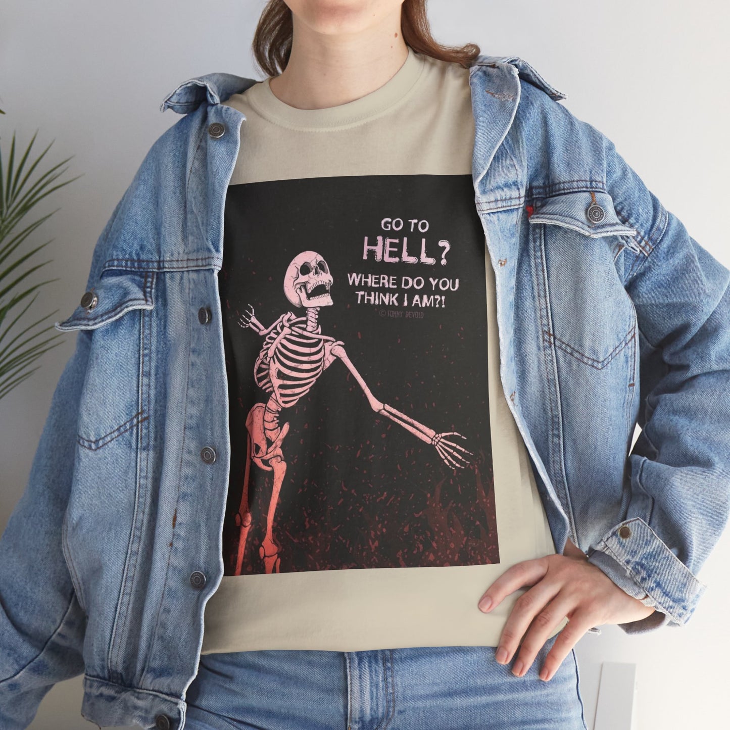 Skeleton Graphic Tee: "Go To Hell?" Unisex Heavy Cotton T-Shirt