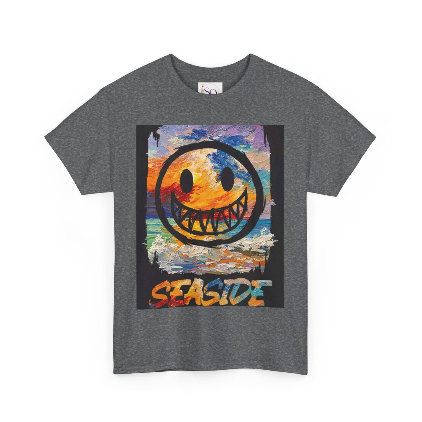 Seaside Smiley Face Tee, Unisex Heavy Cotton Tee, Vibrant Graphic Shirt, Casual Beachwear, Summer Vibes, Fun Gift Idea
