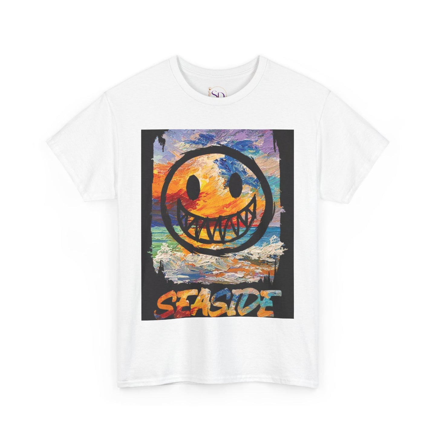 Seaside Smiley Face Tee, Unisex Heavy Cotton Tee, Vibrant Graphic Shirt, Casual Beachwear, Summer Vibes, Fun Gift Idea