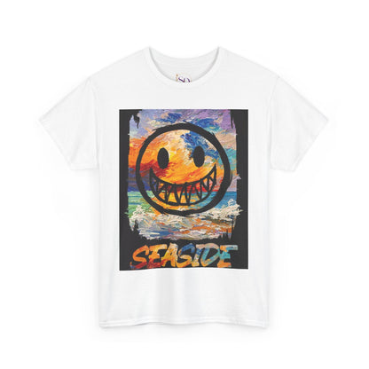 Seaside Smiley Face Tee, Unisex Heavy Cotton Tee, Vibrant Graphic Shirt, Casual Beachwear, Summer Vibes, Fun Gift Idea