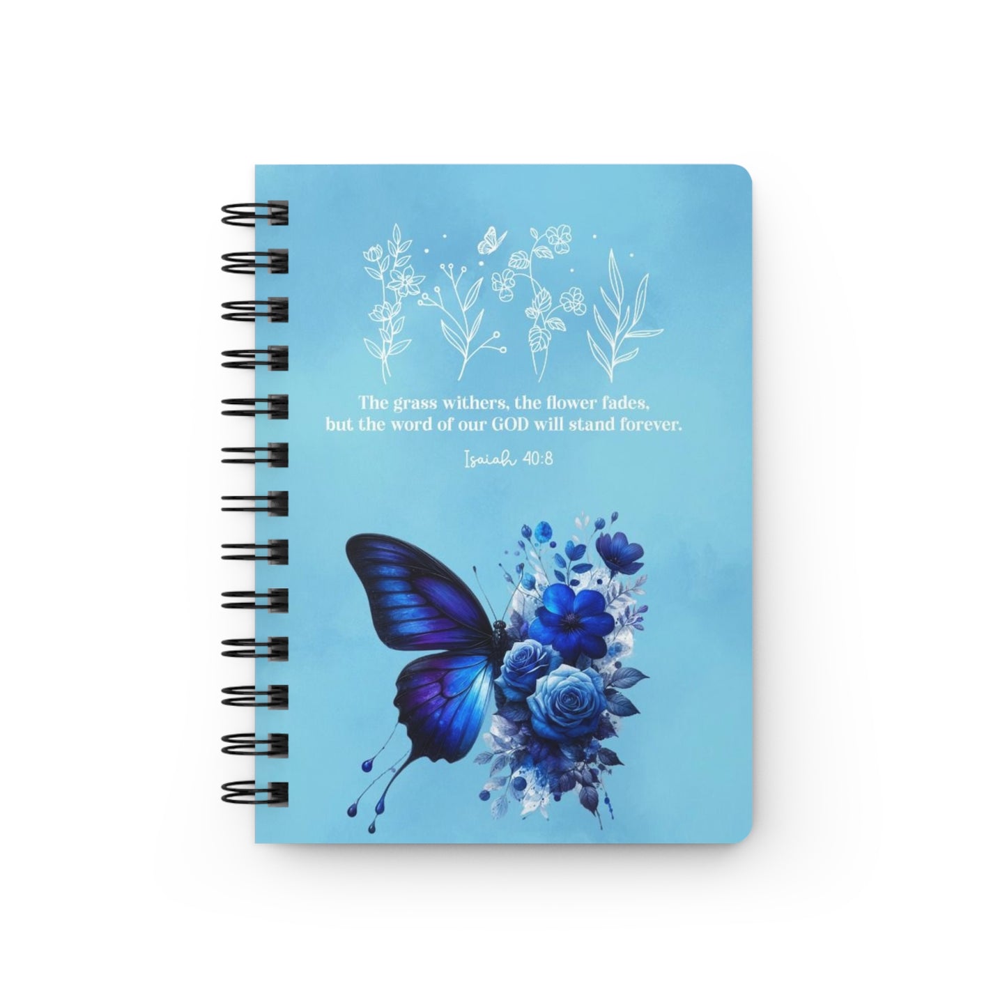 Blue butterfly Christian Spiral Bound Journal, Religious Notebook, Bible Quote Diary, Faith, Scripture Notepad, Inspirational Planner