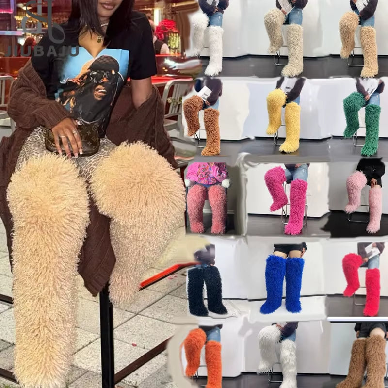 Winter Mongolian Fur Long Boots Warm Plush Flat Outdoor Furry Over-The-Knee Women Boots