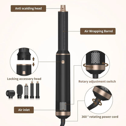 5 in 1 Hair Dryer Brush Hot Air Curling Brush Negative Ion Air Styler，Multi Function Blow Dryer Brush with Curling Wand, Straightening Brush, and Volumizing Hot Air Brush for All Hair Types