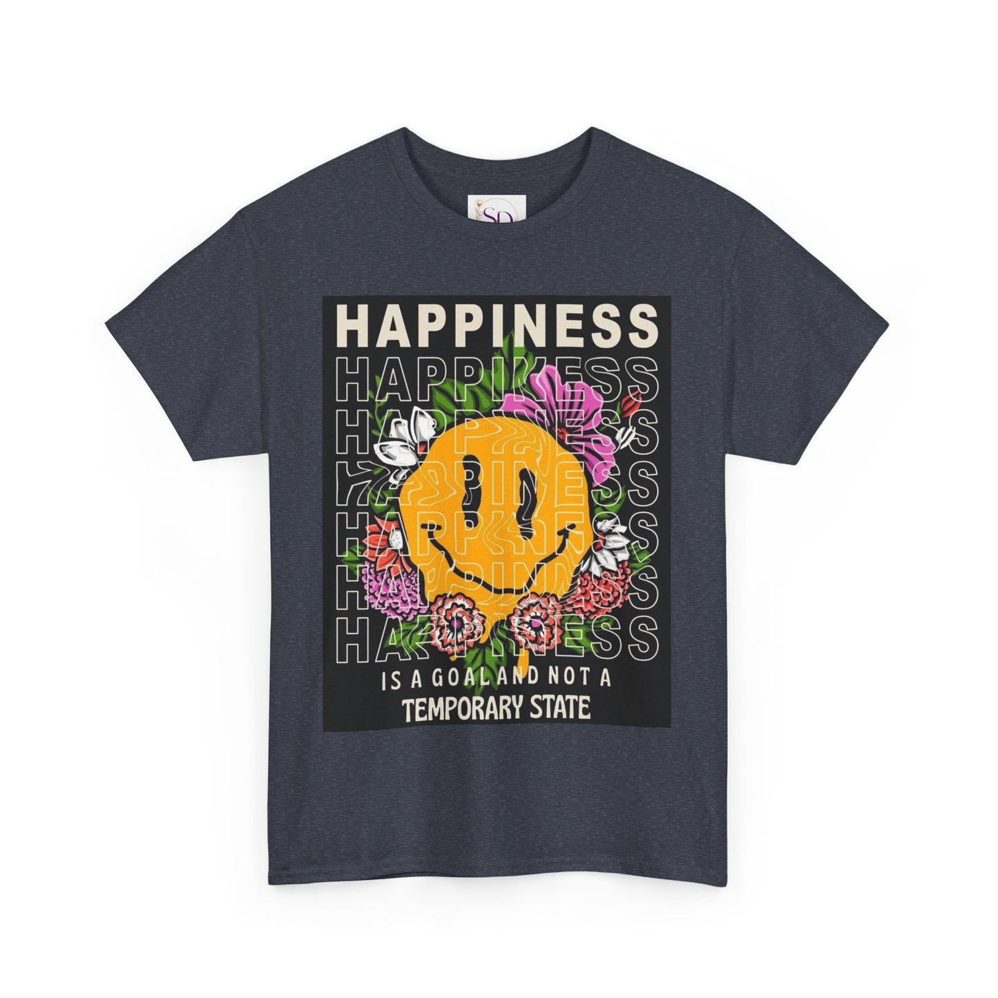 Happiness Floral Unisex Heavy Cotton Tee, Positive Vibes Shirt, Casual Wear, Gift Idea for Friends, Summer Essentials