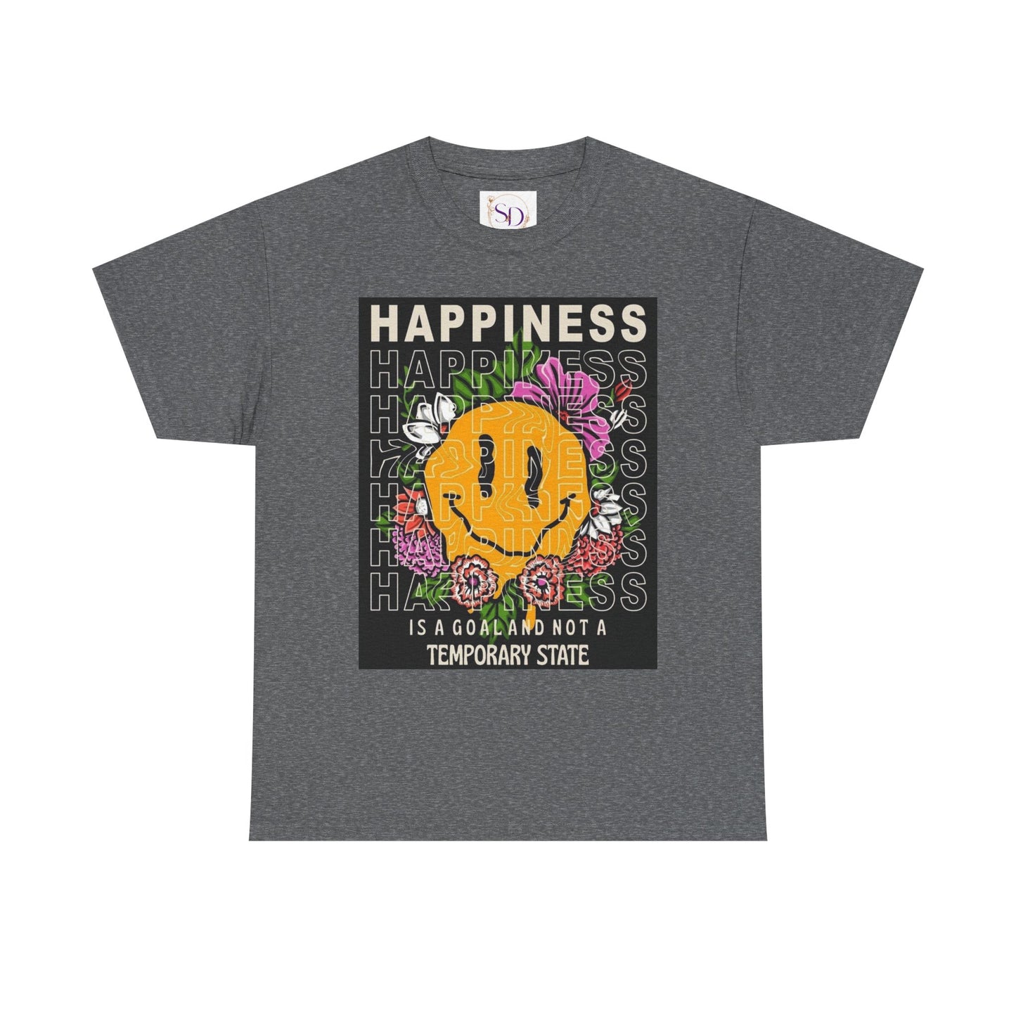 Happiness Floral Unisex Heavy Cotton Tee, Positive Vibes Shirt, Casual Wear, Gift Idea for Friends, Summer Essentials