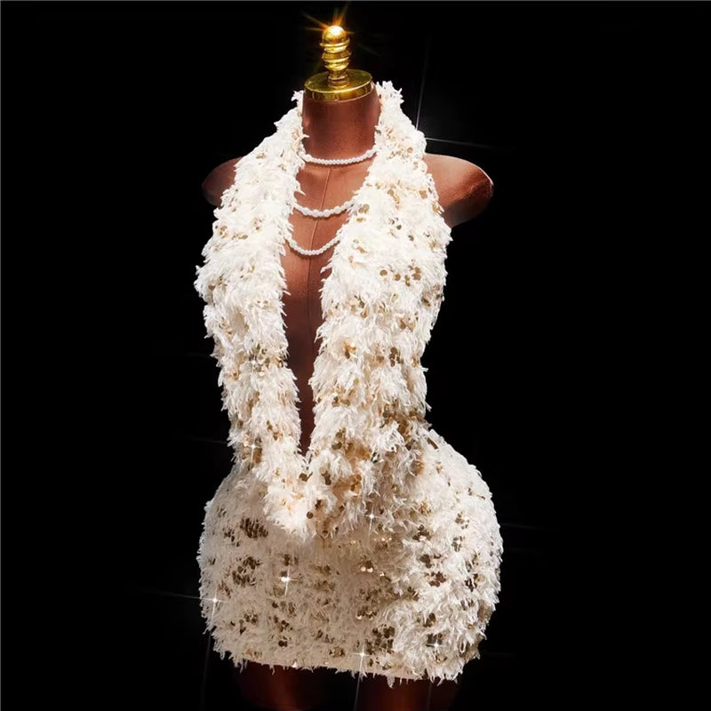 Sexy Elegant Sequin Tassel Swing Collar Backless Sleeveless E Hip Bodycon Dress