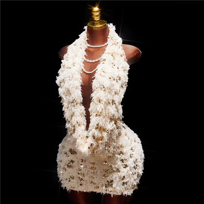 Sexy Elegant Sequin Tassel Swing Collar Backless Sleeveless E Hip Bodycon Dress