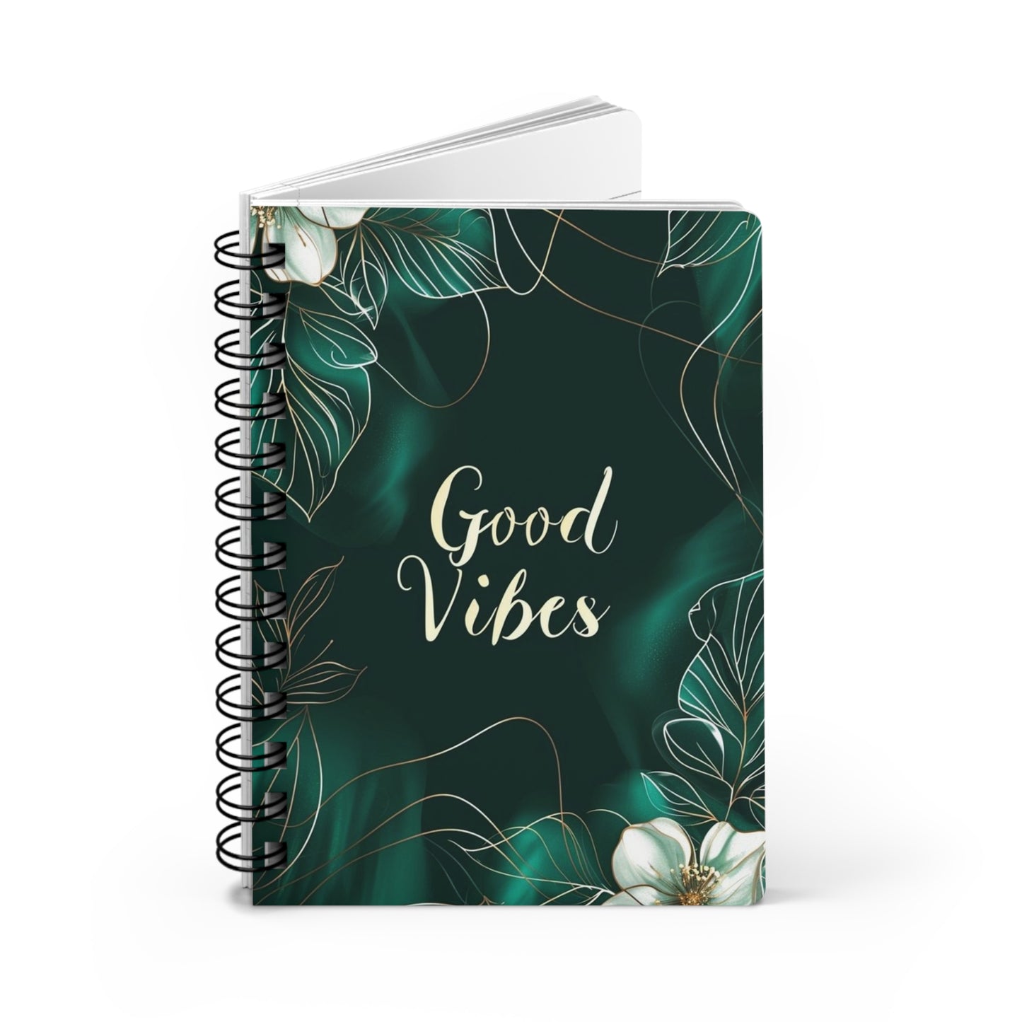 Emerald Green White Flowers Good Vibes Journal, Floral Notebook, Bullet Journal, Diary, Sketchbook, Blank Book