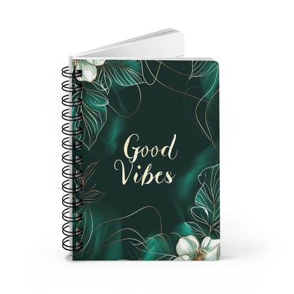 Emerald Green White Flowers Good Vibes Journal, Floral Notebook, Bullet Journal, Diary, Sketchbook, Blank Book