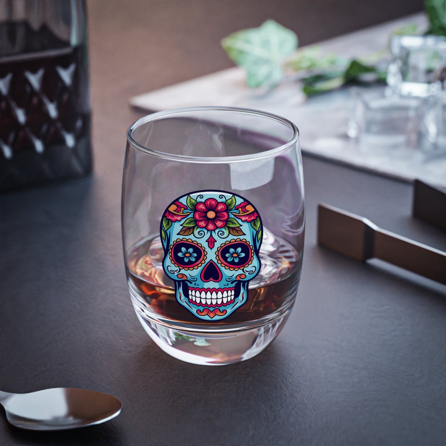 Skull Floral Whiskey Glass, Decorative Drinkware for Home Bar, Gift for Him, Unique Cocktail Glass, Day of the Dead Decor