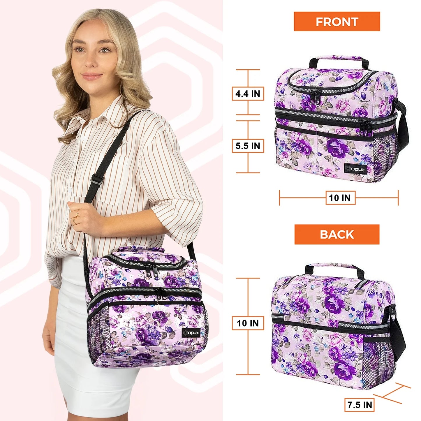 Lunch Box for Women, Insulated Large Lunch Bag Adult Work, Double Decker Lunchbox Meal Prep, Dual Compartment Leakproof Lunch Cooler, Soft Lunch Pail Tote for Girls Kids School, Floral Purple