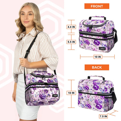 Lunch Box for Women, Insulated Large Lunch Bag Adult Work, Double Decker Lunchbox Meal Prep, Dual Compartment Leakproof Lunch Cooler, Soft Lunch Pail Tote for Girls Kids School, Floral Purple