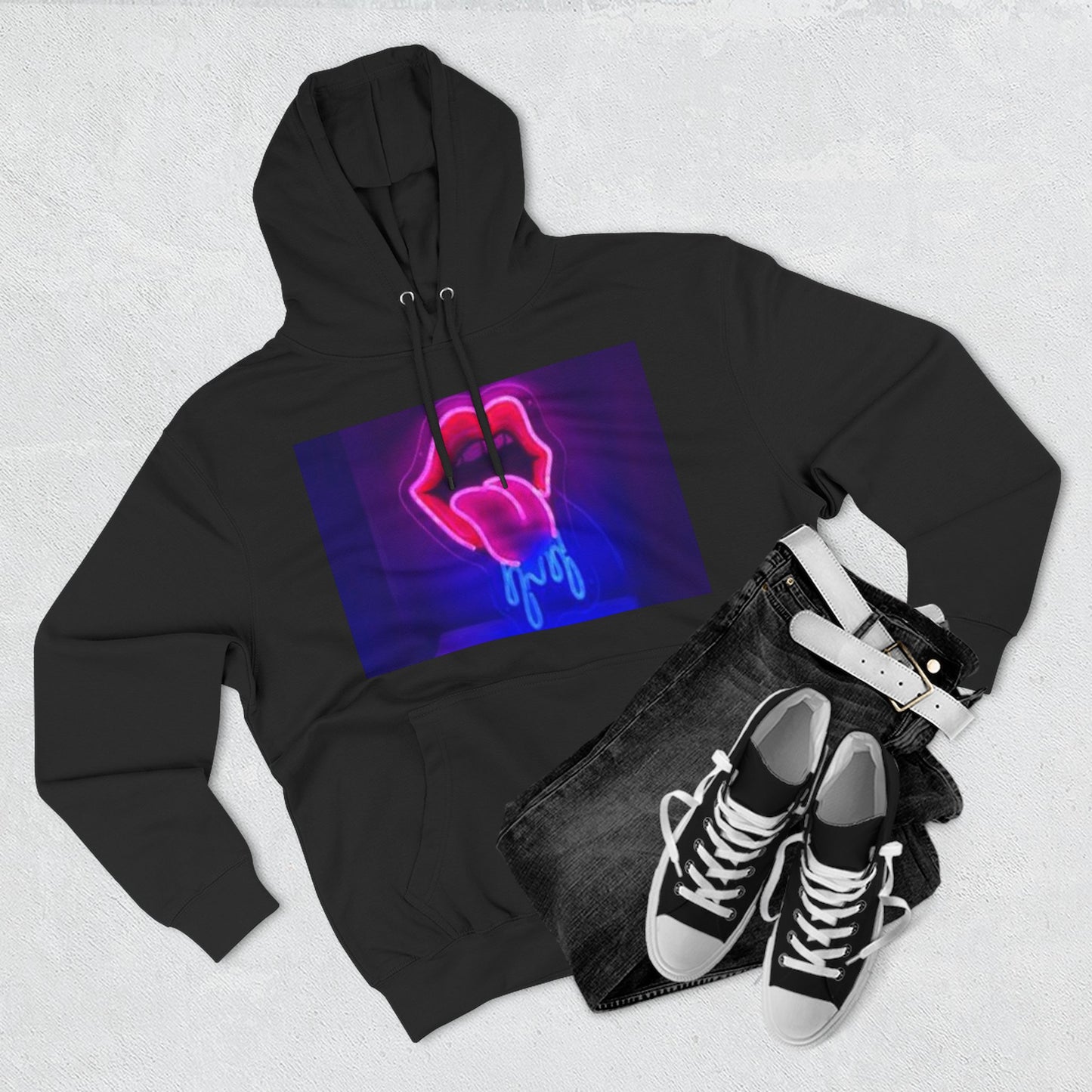 Vibrant Neon Lips Hoodie, Funky Graphic Fleece Pullover, Edgy Streetwear, Cozy Casual Style, Perfect for Parties, Unisex Gift