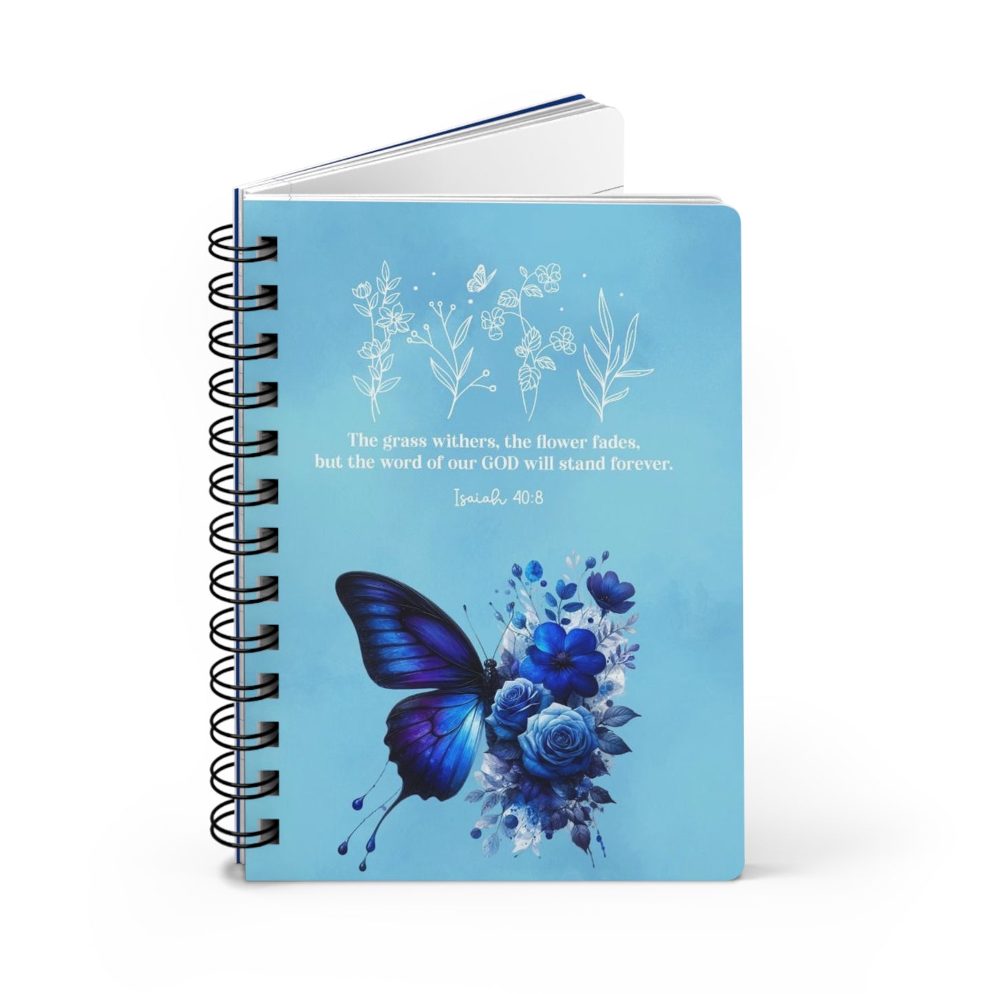 Blue butterfly Christian Spiral Bound Journal, Religious Notebook, Bible Quote Diary, Faith, Scripture Notepad, Inspirational Planner