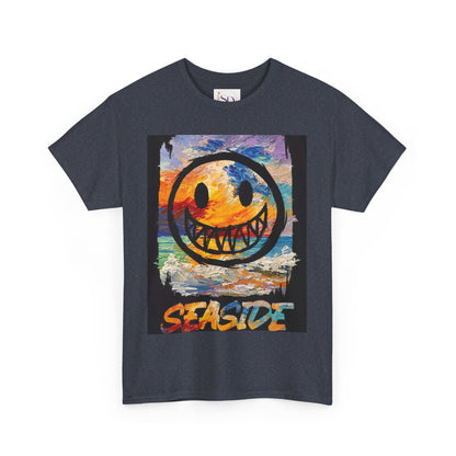 Seaside Smiley Face Tee, Unisex Heavy Cotton Tee, Vibrant Graphic Shirt, Casual Beachwear, Summer Vibes, Fun Gift Idea