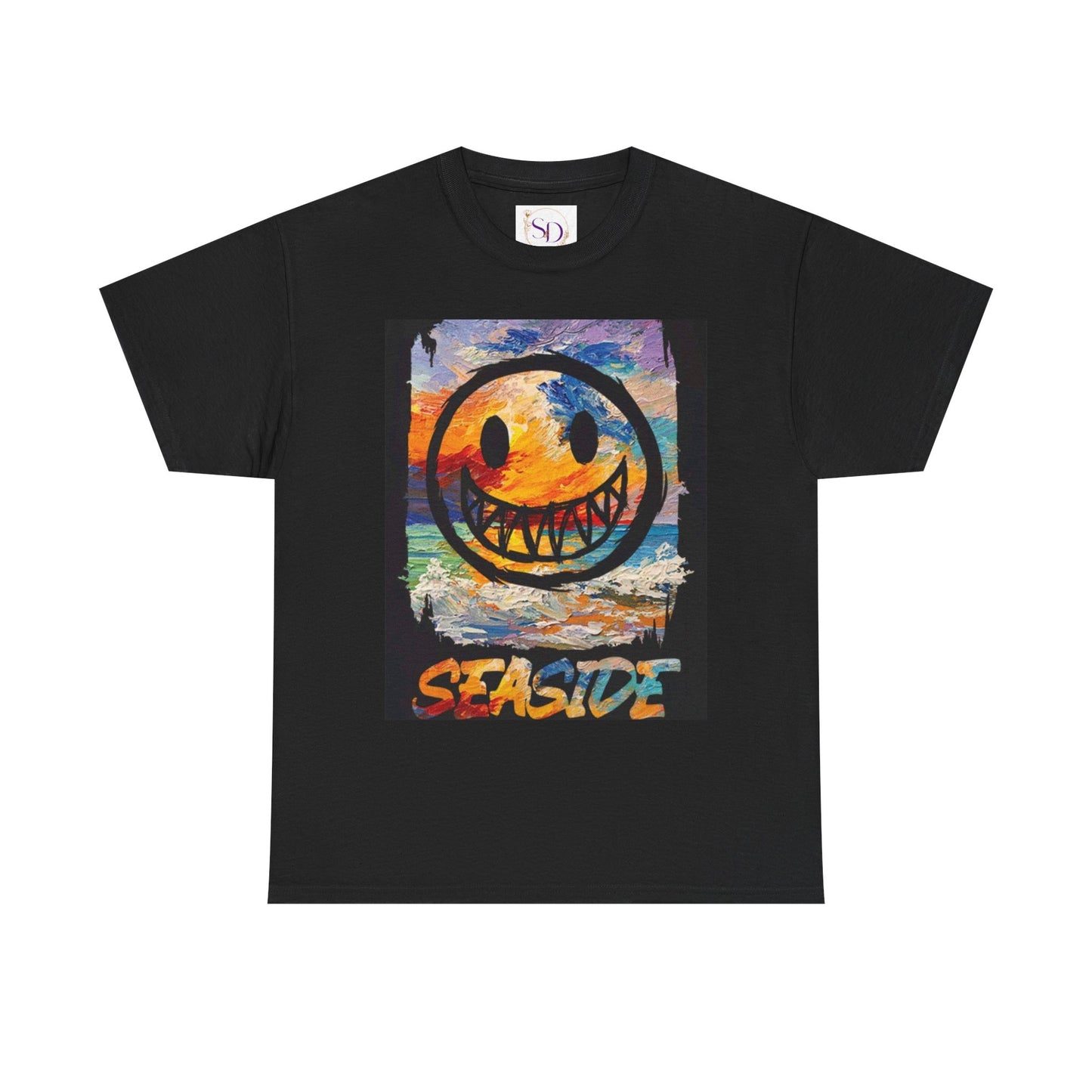 Seaside Smiley Face Tee, Unisex Heavy Cotton Tee, Vibrant Graphic Shirt, Casual Beachwear, Summer Vibes, Fun Gift Idea