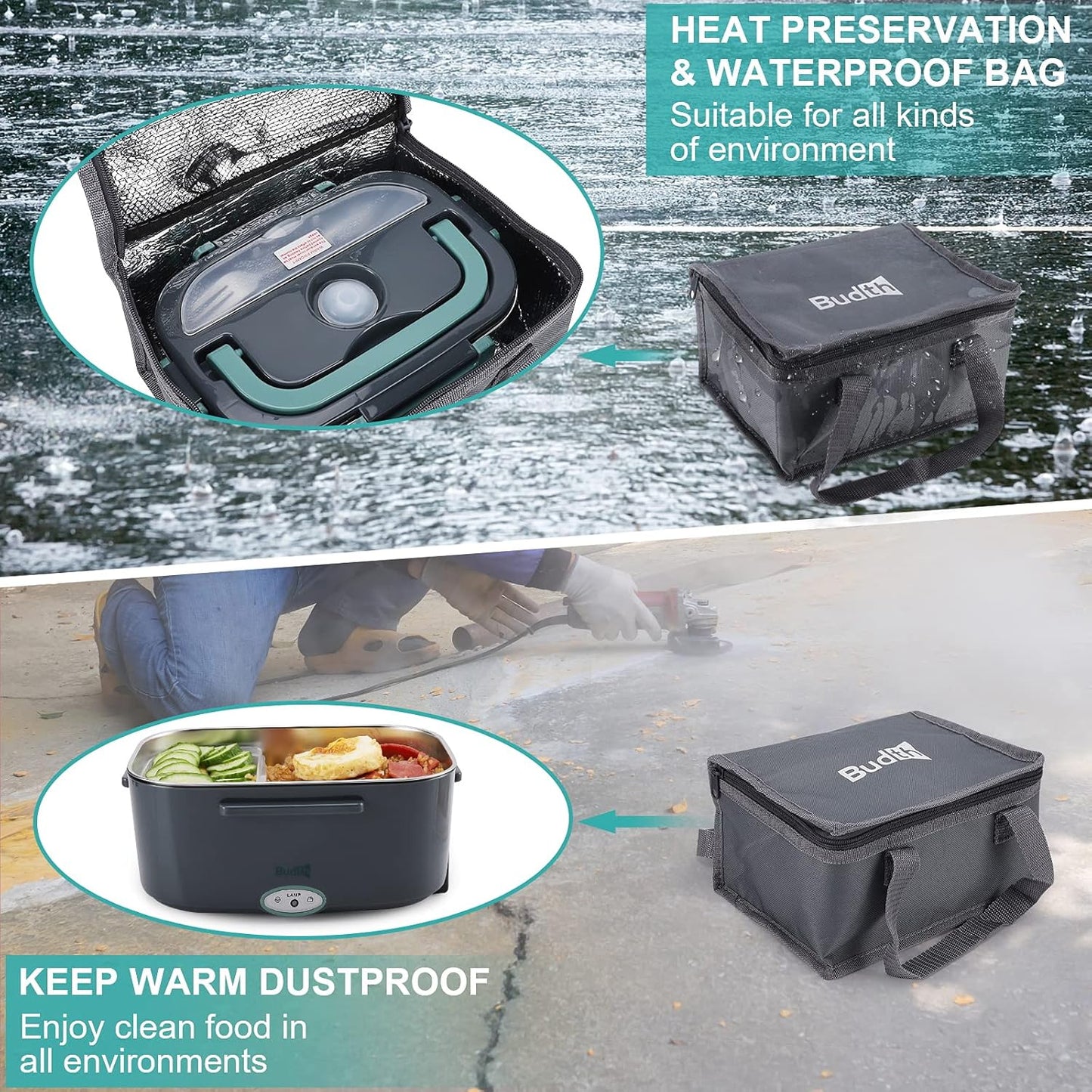 80W Electric Lunch Box, Portable Food Warmer for Car Truck Office, 12V 24V 110V Adapter, Leak Proof, 304 Stainless Steel Container, SS Fork & Spoon and Carry Bag (Green)