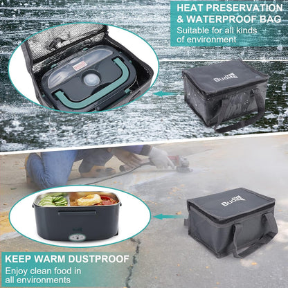 80W Electric Lunch Box, Portable Food Warmer for Car Truck Office, 12V 24V 110V Adapter, Leak Proof, 304 Stainless Steel Container, SS Fork & Spoon and Carry Bag (Green)