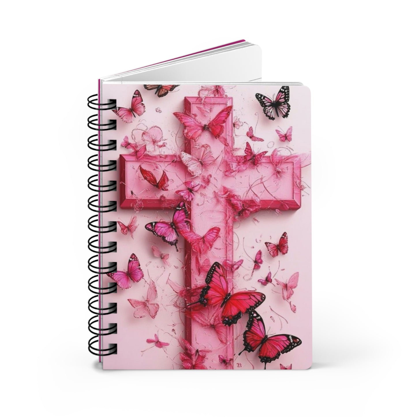 Elegant Butterfly Cross Journal, Spiral Bound Notebook for Women, Inspirational Writing, Floral Gift, Art Journal, Pink Christian Theme