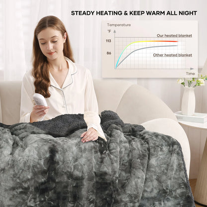 Electric Throw Blanket 50" X 60", Soft Faux Fur Heated Blanket with Large LED Display, 6 Heating Levels, 4 Hours Timer , Tie-Dye Gray