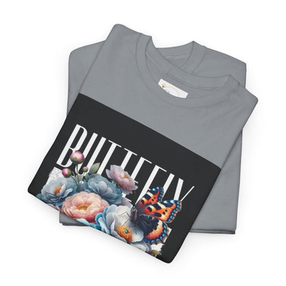 Butterfly Blooms Heavy Cotton Tee - Floral Graphic Shirt, Unisex Gift for Nature Lovers, Birthday, Everyday Wear, Casual Style