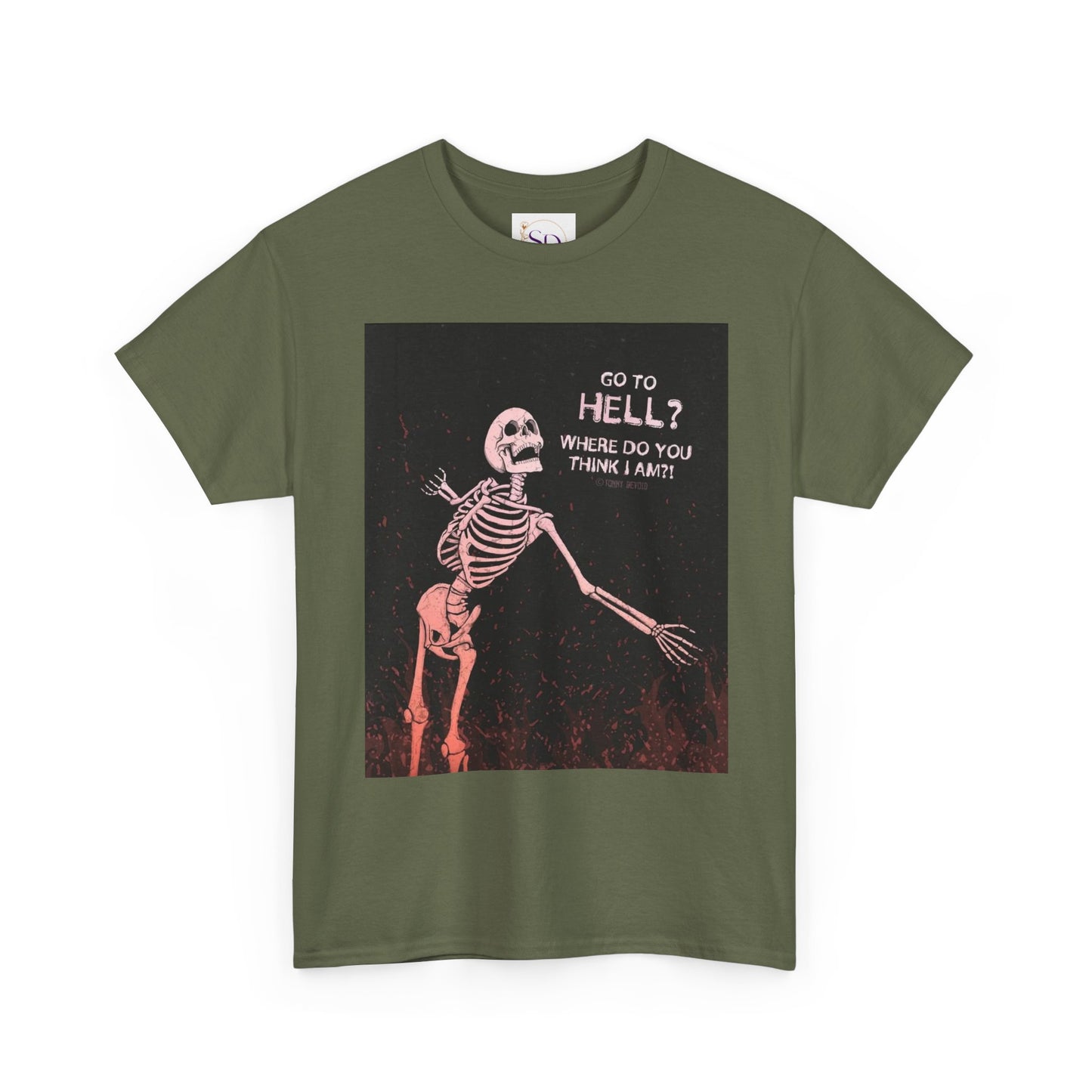 Skeleton Graphic Tee: "Go To Hell?" Unisex Heavy Cotton T-Shirt