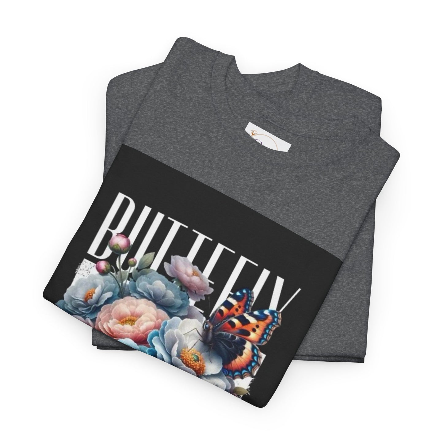 Butterfly Blooms Heavy Cotton Tee - Floral Graphic Shirt, Unisex Gift for Nature Lovers, Birthday, Everyday Wear, Casual Style