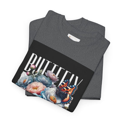 Butterfly Blooms Heavy Cotton Tee - Floral Graphic Shirt, Unisex Gift for Nature Lovers, Birthday, Everyday Wear, Casual Style