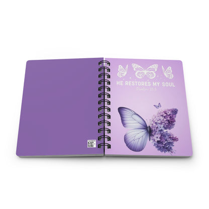 Purple 'He Restores My Soul' Spiral Bound Journal, Christian Notebook, Bible Verse Diary, Inspirational Writing Pad, Faithful Gift