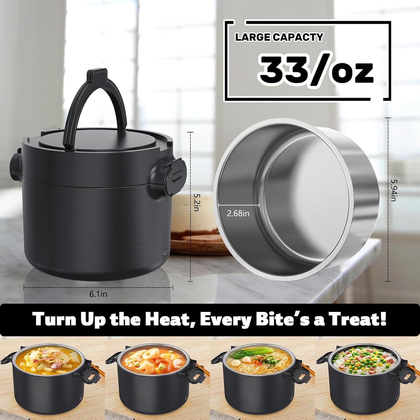 Electric Lunch Box Food Warmer: 100W Heated Lunch Box for Adults, 33Oz Portable Fast Heating Lunchbox Food Heater for Car, Truck, Work, Travel, 12/24V/110V (Crow Black)
